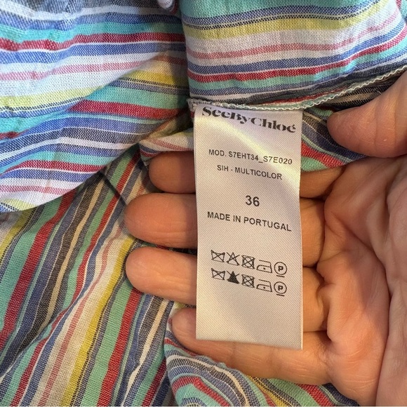 SEE BY CHLOE OFF SHOULDER TOP Bell Sleeves Striped M Cotton Boho Coastal - Picture 9 of 12